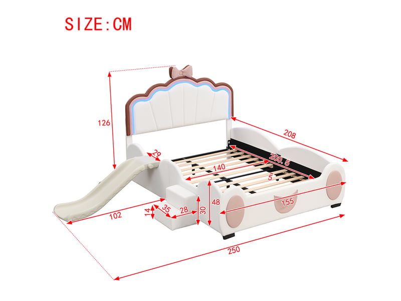  Lit enfant 140x200 cm avec toboggan et éclairage led, polyuréthane (pu) et mdf, rose et blanc sans matelas  - Conforama C