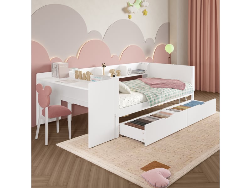  Lit plat en bois 90x200cm blanc, bureau intégré, 2 tiroirs, 3 étagères, structure pin, sans matelas inclus  - Conforama C