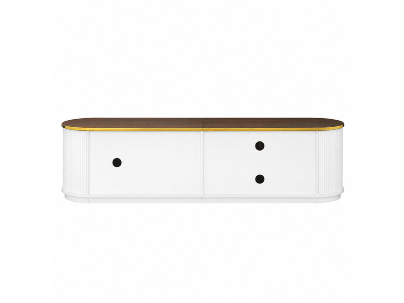  Meuble tv 180 cm blanc, 3 portes 3 tiroirs, bords arrondis, mdf, verre brun  - Conforama E