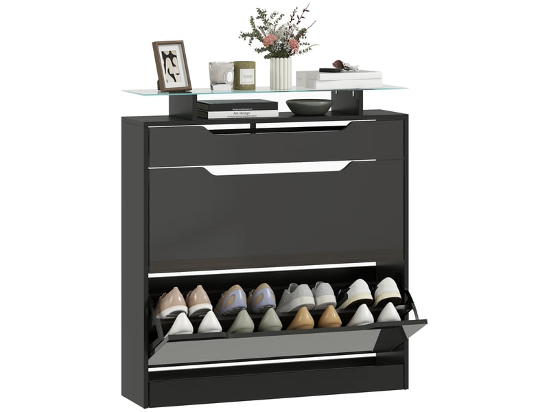  Armoire à chaussures, 2 tiroirs rabattables, 1 tiroir coulissant, 1 comptoir, 89x23x96cm, noir  - Conforama A