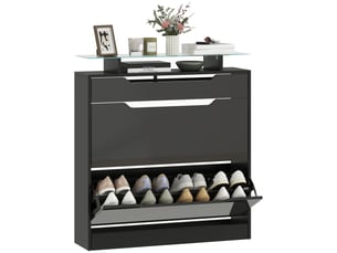 Armoire à chaussures, 2 tiroirs rabattables, 1 tiroir coulissant, 1 comptoir, 89x23x96cm, noir