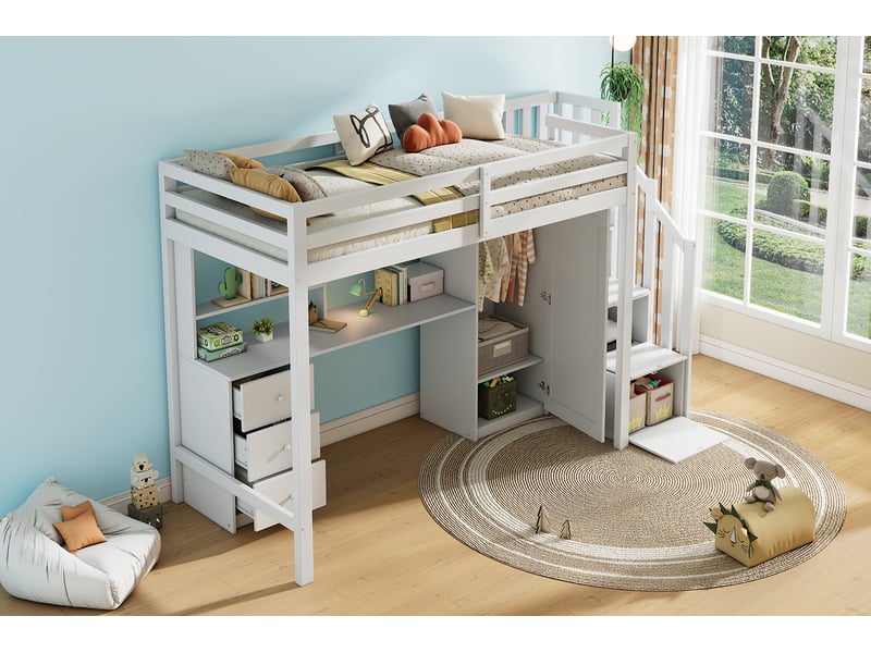  Lit superposé avec bureau et armoire 90x200 cm - bois massif blanc rangement intégré  - Conforama W
