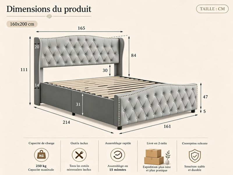  Lit coffre 160x200 cm ezssw, coloris gris  - Conforama C