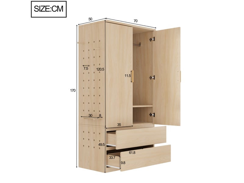  Armoire tcqpz 70 x 50 x 170 cm 2 portes 2 tiroirs rangement panneau perforé blanc et bois  - Conforama C