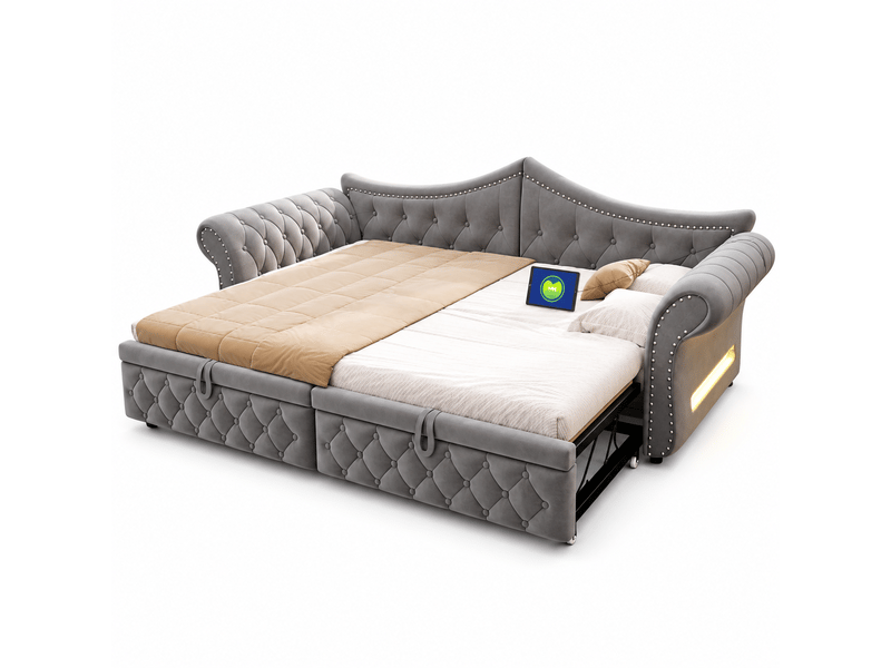  Canapé-lit convertible 90x200 cm avec lit extensible 180 cm, led et usb, banquette en velours avec détails cloutés - gris  - Conforama A