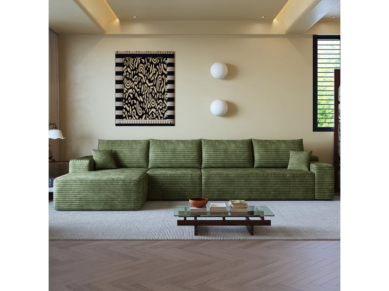 Canapé d'angle en l modulable moderne vert avec méridienne, assise profonde, sans montage requis, 270cm - Conforama W