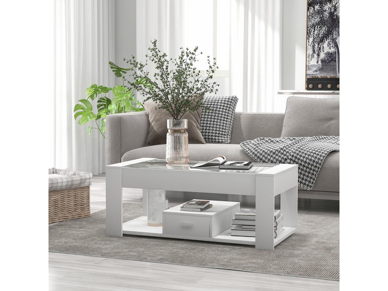  Table basse avec plateau en verre, 2 tiroirs et espace ouvert pour salon 100×50×40 cm blanche  - Conforama B