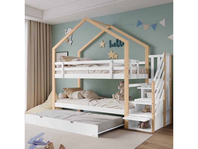 Lit superposé enfant 90x200 cm avec lit coulissant 90x190 cm, blanc et naturel - Conforama D