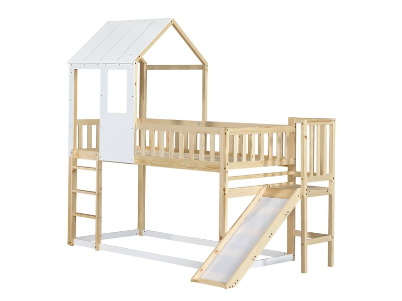 Lit superposé enfant 90x200 cm avec toboggan, toit et échelle, naturel et blanc  - Conforama A