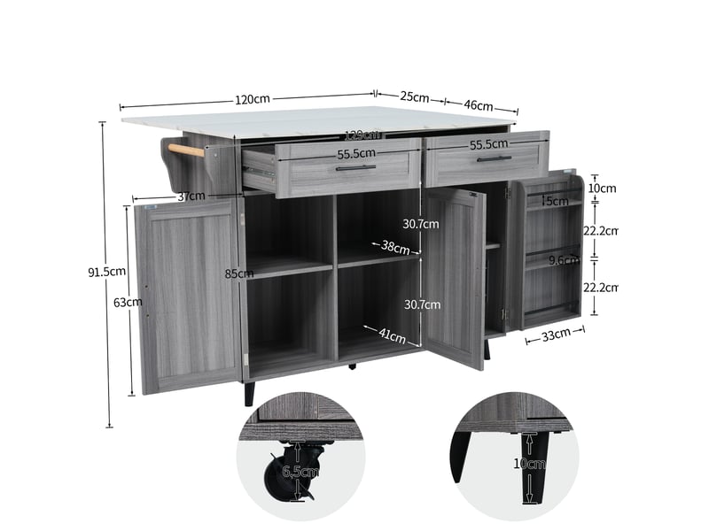  Desserte de cuisine 129x46x91,5 cm plateau extensible mdf gris  - Conforama C