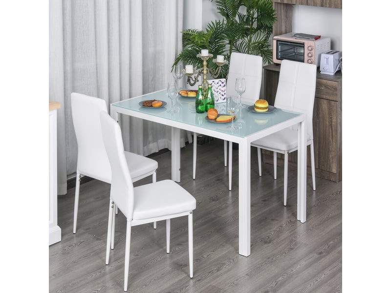  Ensemble de salle à manger avec table et 4 chaises, 5 pièces, table rectangulaire en verre trempé et chaises rembourrées en pu, blanc  - Conforama C