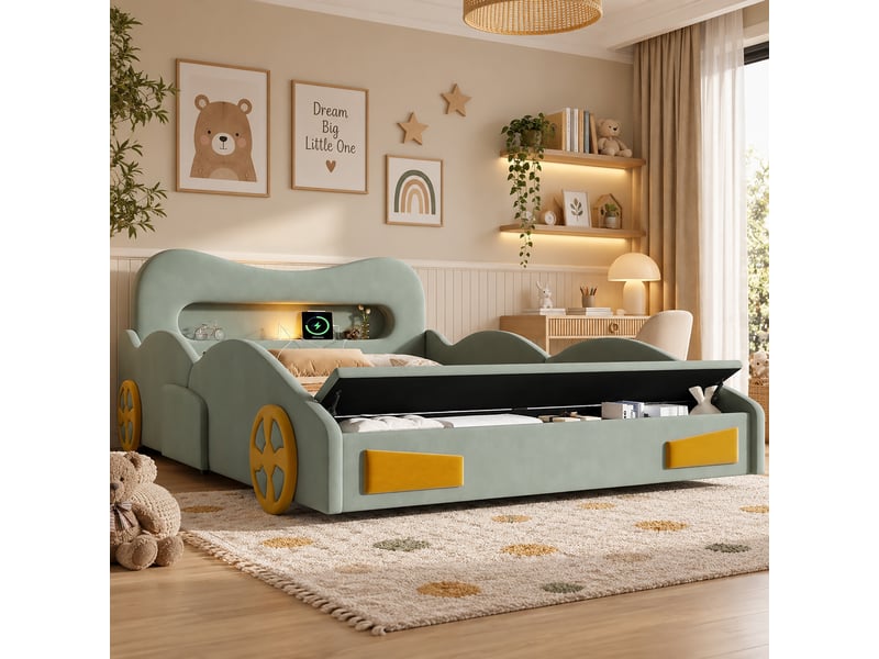  Lit enfant voiture rembourré 140x200 cm - coffre au pied du lit, liseuse et port de charge - design roues - tissu - vert CozyNest - Conforama D