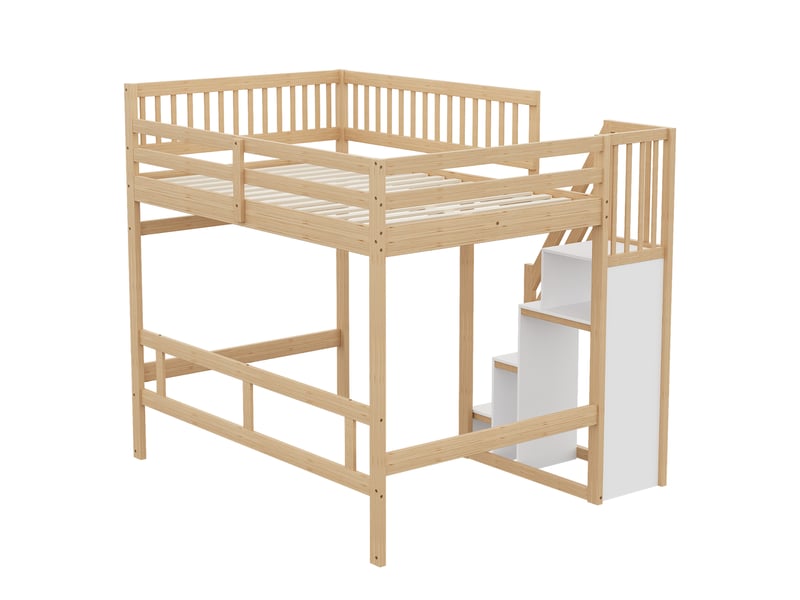 Lit mezzanine 140x200 en bois massif, lit enfant avec escalier de rangement, barrière haute, lit adolescent couleur bois naturel. - Conforama D