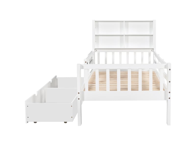  Lit enfant 90x200 cm avec 2 tiroirs - tête de lit avec étagère et tableau noir - barrière de sécurité - bois blanc  - Conforama E