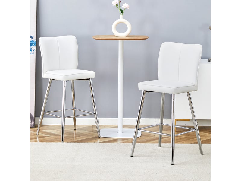 Lot de 2 chaises de bar 44x44x101cm avec dossier, assise mousse 6,6 cm, pieds métal argenté, revêtement pu blanc - Conforama D