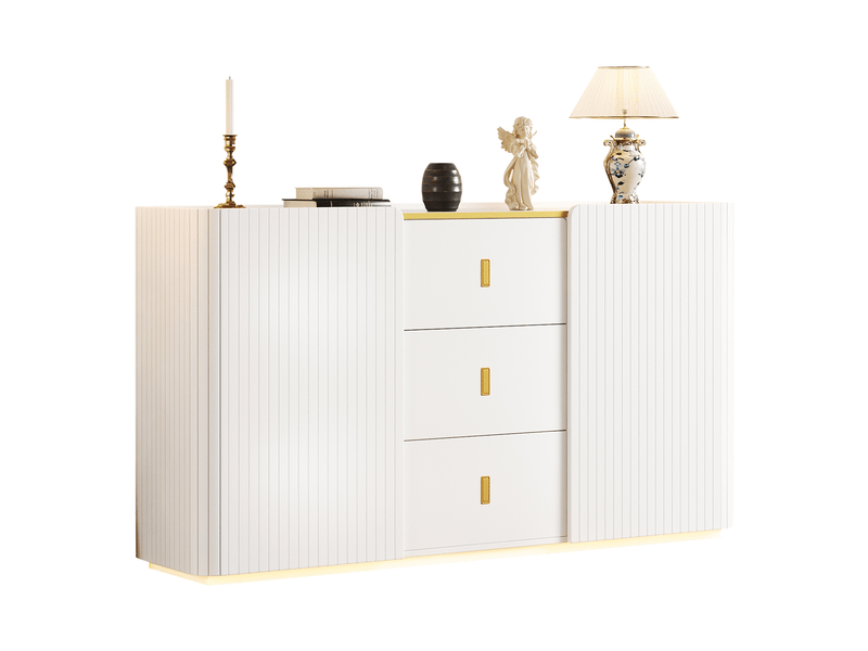  Buffet blanc avec éclairage led 22 couleurs, 2 portes et 3 tiroirs - 150 x 35 x 80 cm  - Conforama A