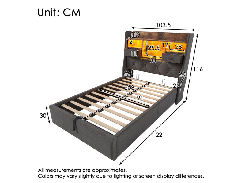  Lit coffre 90x200 avec matelas ressorts ensachés, led connectée app et stockage sous cadre  - Conforama C