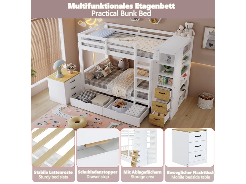  Lit superposé enfant 90x200 cm - lit enfant avec armoires de rangement et tables de chevet - massif et mdf - blanc  - Conforama B