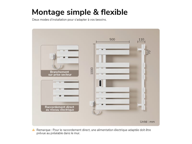 Sèche-serviettes électrique intelligent emke 1000 x 500 mm 320w, radiateur salle de bain connecté wifi, blanc - Conforama E