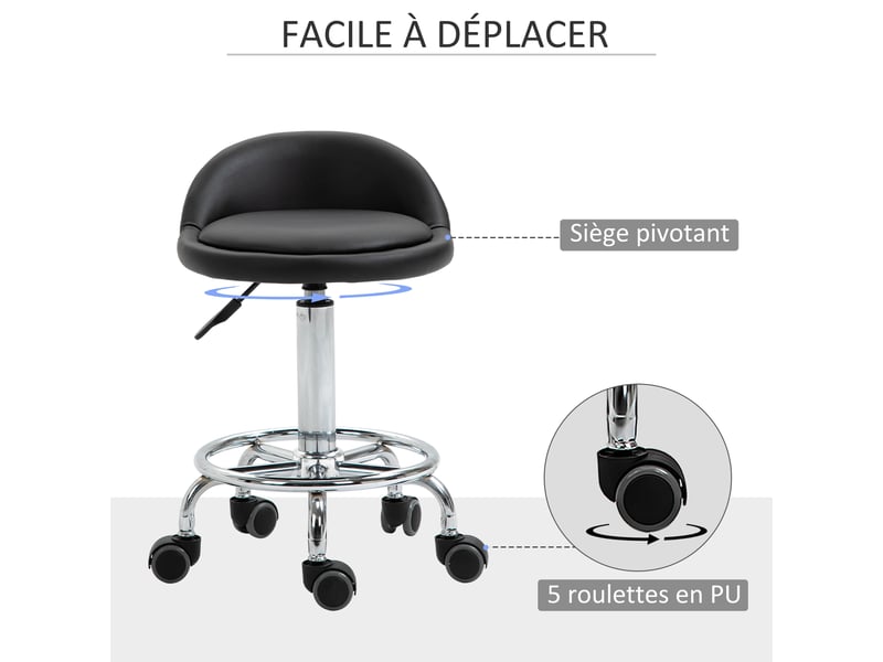  Lot de 2 tabouret à roulette pivotant 360°, acier chromé revêtement synthétique noir, assise réglable 47-62h cm  - Conforama R