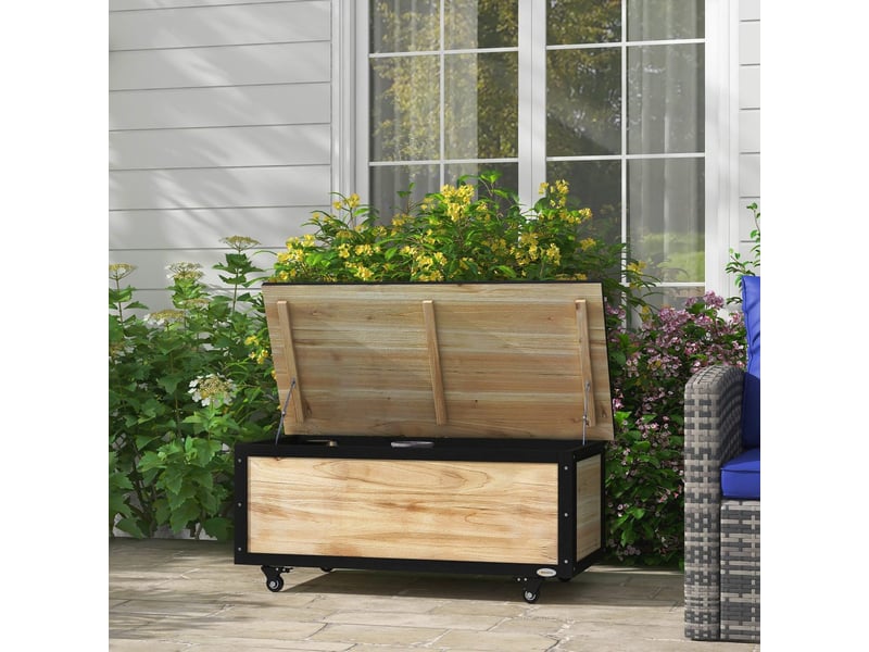  Boîte de rangement de jardin 121 l avec roues, en bois de sapin naturel, résistant aux intempéries, 100x50x43 cm 84G-322V00ND - Conforama E