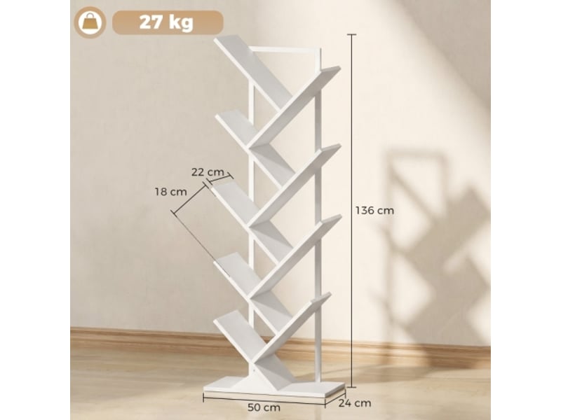 Bibliothèque arbre 9 niveaux, cadre en acier, rangement cddvd, blanc, style industriel - Conforama C