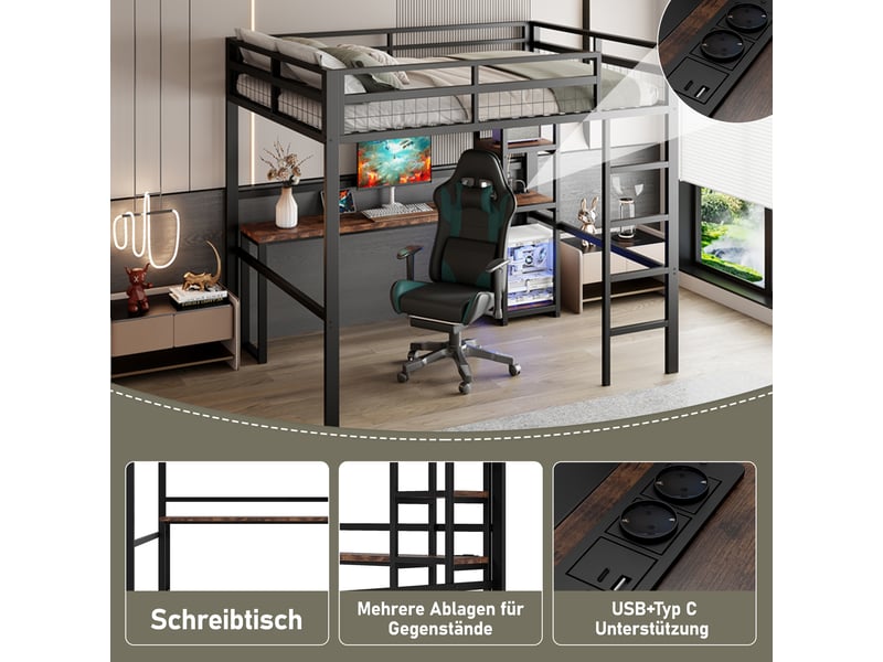 Lit mezzanine enfant 140x200 cm, bureau, étagère, charge, garde-corps, sommier, métal noir, sans matelas - Conforama D