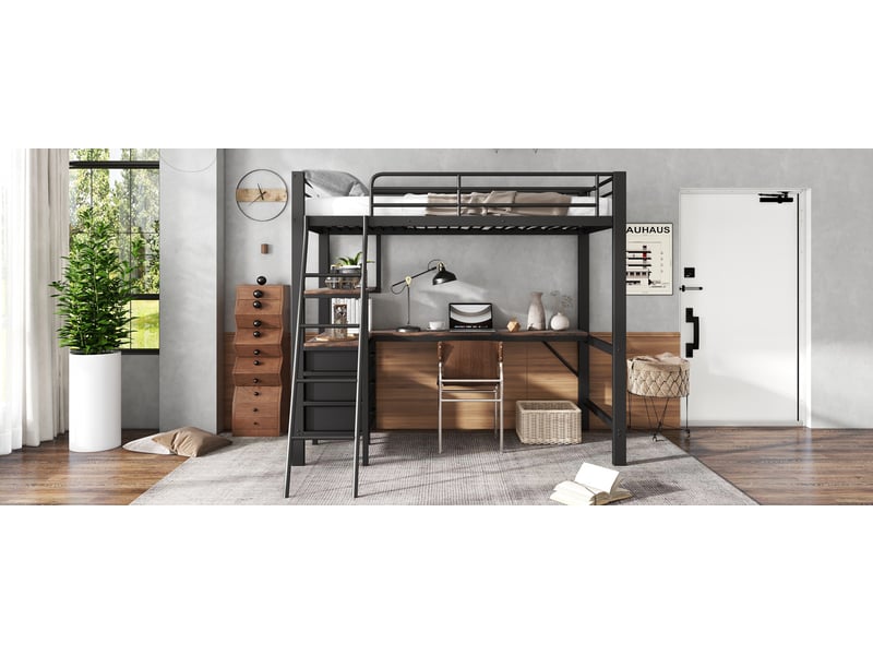  Lit superposé en métal et bois 90x200 cm noir et noyer foncé avec bureau 2 m trois tiroirs échelle inclinée 4 marches lit 120 kg Sol Morn - Conforama D