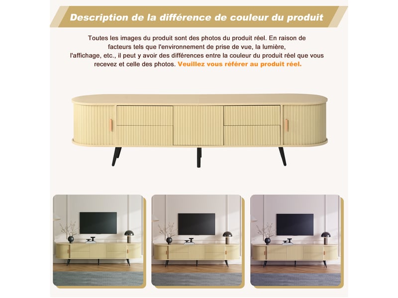  Meuble tv ovale en bois 180 cm avec porte coulissante et 4 tiroirs, support pour écran jusqu'à 80 pouces, naturel  - Conforama E
