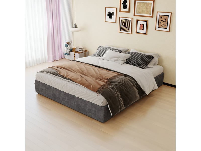  Lit adulte lit double 160x200 couchage complet matelas tissu gris metal moderne homvra  - Conforama C
