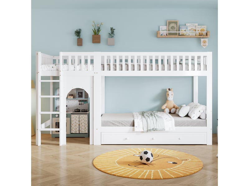  Lit superposé enfant 90x200 cm avec échelle droite 4 marches, lit enfant avec garde-corps 4 côtés, zone personnalisable, pinmdfcontreplaqué, blanc OPULERANE TRADING LTD - Conforama E