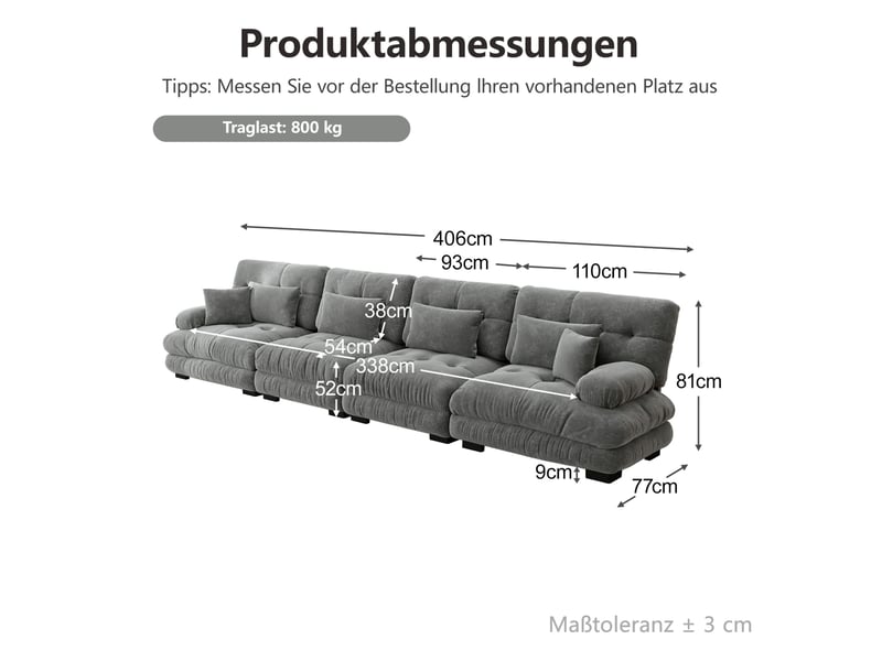 Canapé droit modulaire 406x77x81 cm 4 places, grande profondeur d'assise, pour salon et appartement, finition chenille gris  - Conforama C