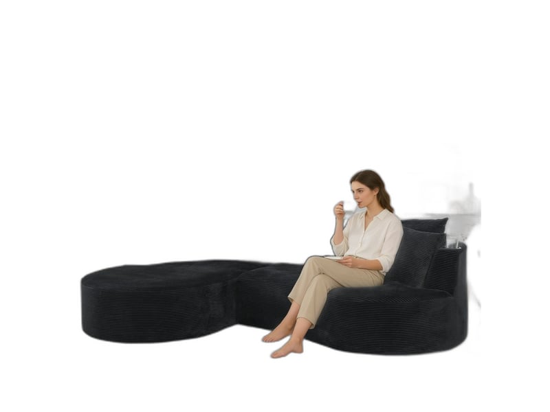  Canapé compressé 3 places, méridienne à gauche + 2 places, velours côtelé noir, porte-gobelet et coussins, sans montage 82418-BLK-LC - Conforama A