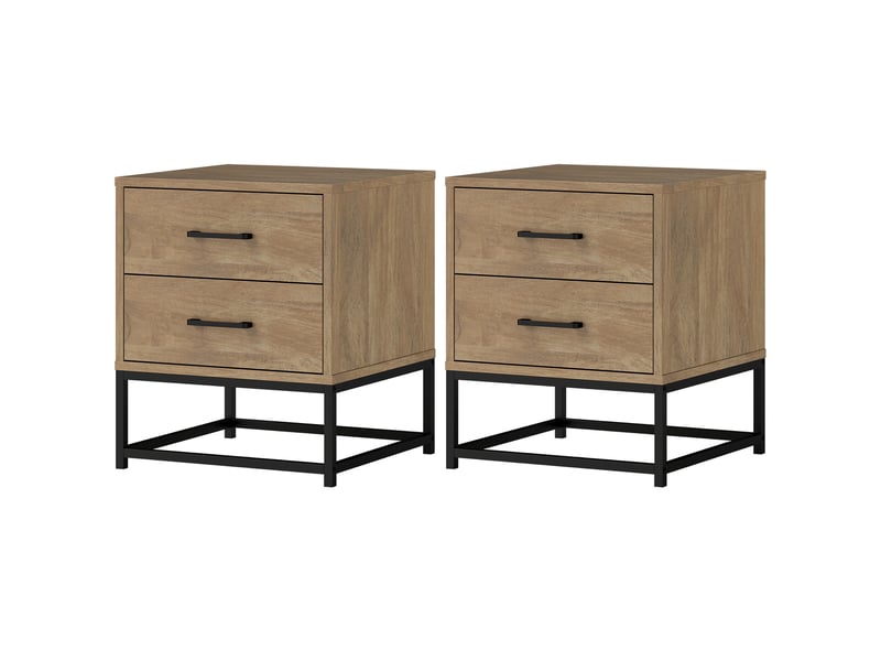  Ensemble de 2 tables de chevet de style industriel avec 2 tiroirs en bois et acier, couleur bois  - Conforama B