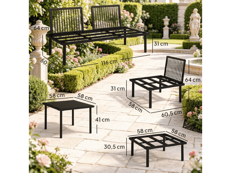  Salon de jardin modulable 6 pièces – noir et gris clair – table basse en verre trempé et coussins confortables  - Conforama C