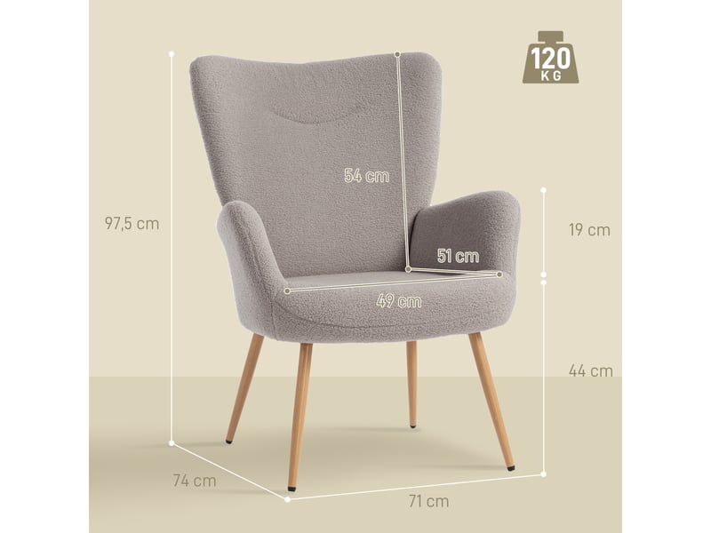  Fauteuil de salon avec haut dossier en tissu bouclette gris 71x74x97,5 cm  - Conforama C