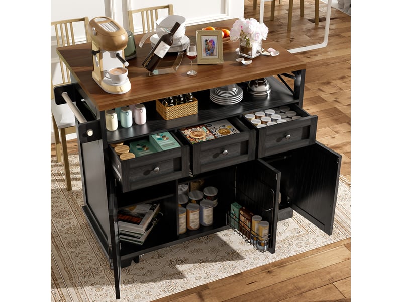  Desserte de cuisine avec 3 tiroirs et plateau rabattable sur roulettes, porte-serviettes, noire, 118 × 43-80 × 98 cm  - Conforama D