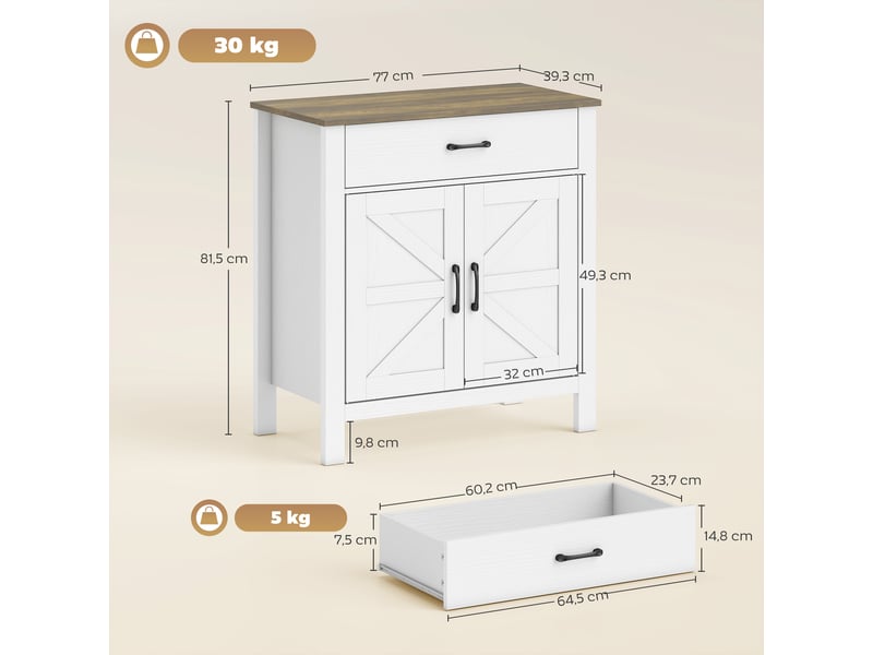  Buffet de salon, meuble de rangement avec 2 portes coulissantes de style grange, tiroir et étagère réglable, 77 x 39,3 x 81,5 cm, blanc et marron  - Conforama E