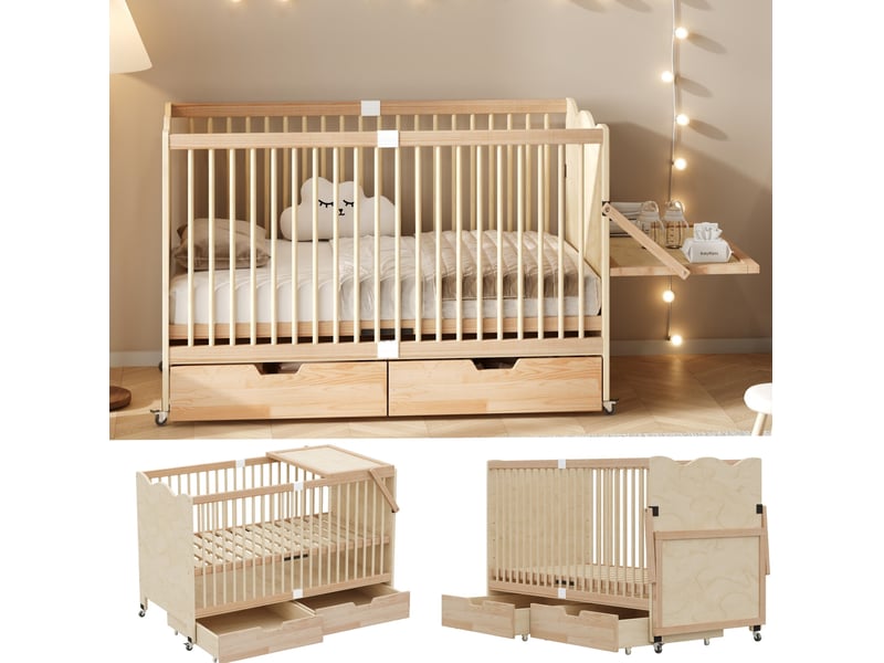  Lit bébé mobile 70x140 cm, 4 hauteurs 2 tiroirs, table à langer, bois de pin naturel sans matelas  - Conforama D