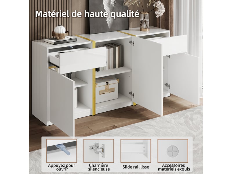 Buffet de rangement 3 portes 2 tiroirs avec étagères réglables - lpospi - finition brillante mdf blanc 160 × 40 × 78 cm - Conforama E