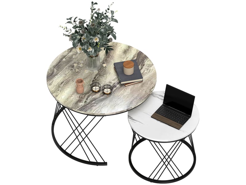  Lot de 2 tables basses gigognes rondes effet marbre gris et blanc  - Conforama B