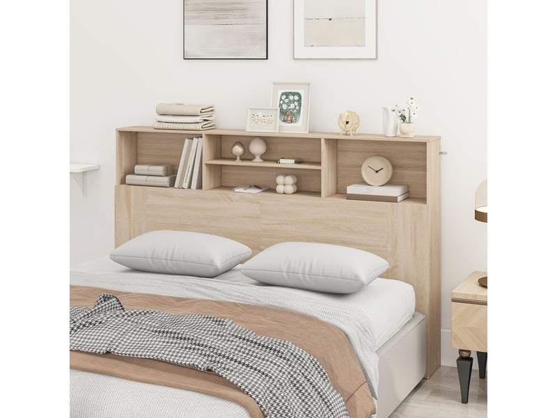 Tête de lit sur pied avec rangements, 160 x 20,2 x 108,2 cm, accessoire de lit 4 compartiments ouverts, bois naturel  - Conforama D