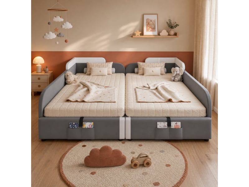  Lit enfant combiné pour 2 matelas 90x200 cm avec rangement hydraulique en velours  - Conforama C