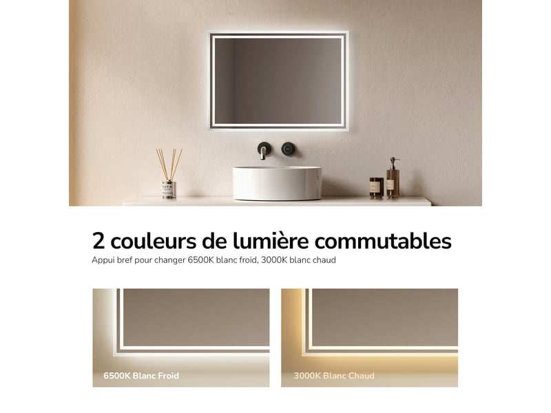 Emke miroir lumineux salle de bain 70x50cm,miroir led avec interrupteur à bouton,anti-buée,éclairage lumière blanche froidechaude - Conforama D