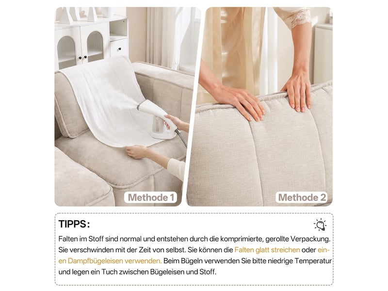  Canapé d’angle modulable 2 places avec pouf, assise profonde - lpospi - mousse 32d, polyester beige 198 × 162 × 67 cm  - Conforama E