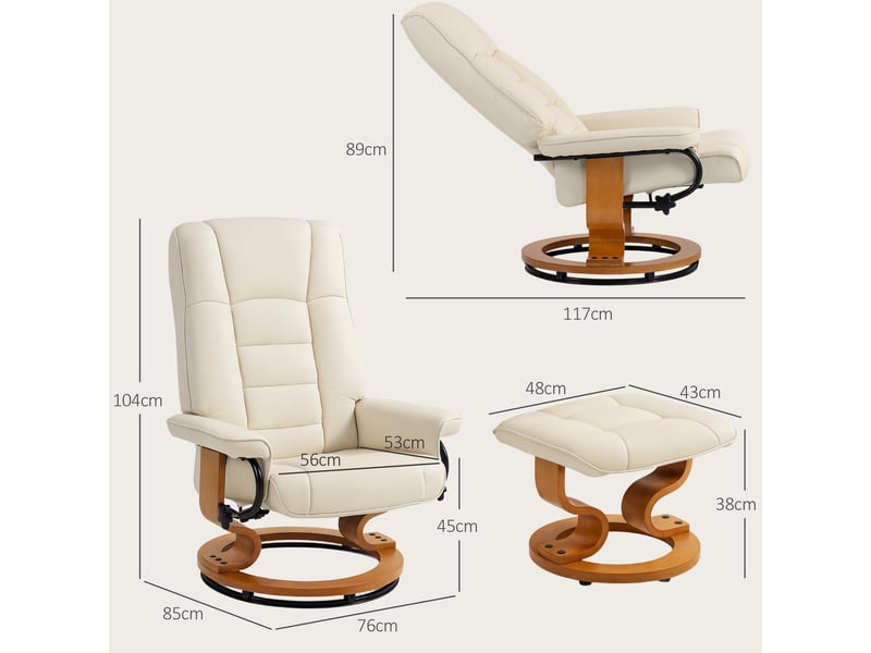  Fauteuil de relaxation inclinable avec repose-pied, pivotant, cadre en bois , revêtement synthétique crème  - Conforama E