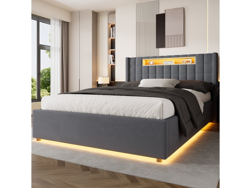  Lit coffre 140 × 200 cm 2 places, lit avec led, rangement, usb et type c, sans matelas, en velours gris foncé  - Conforama C