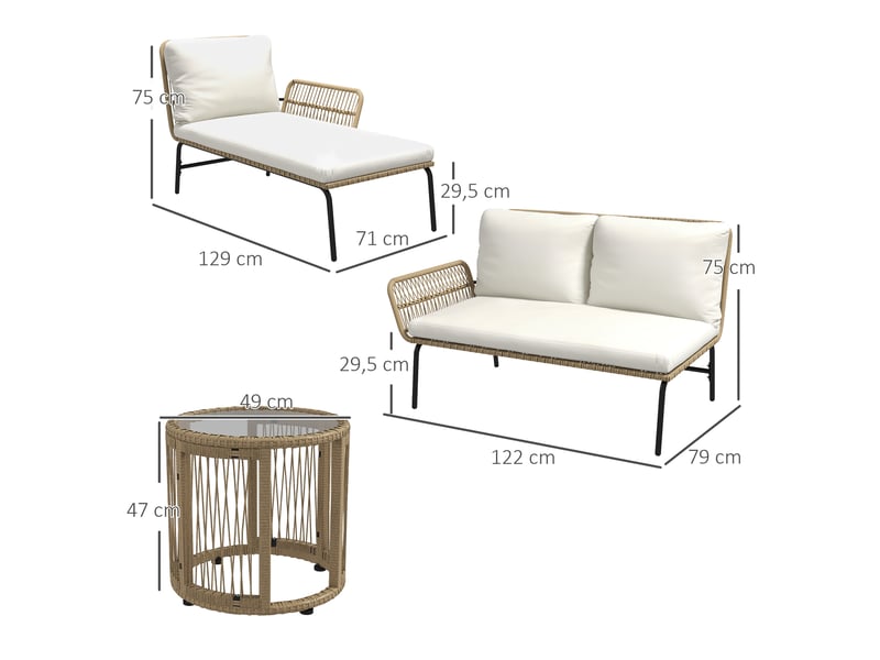  Salon de jardin d'angle 3 pl. En résine tressée avec canapés, chaise longue, table basse et coussins  - Conforama E