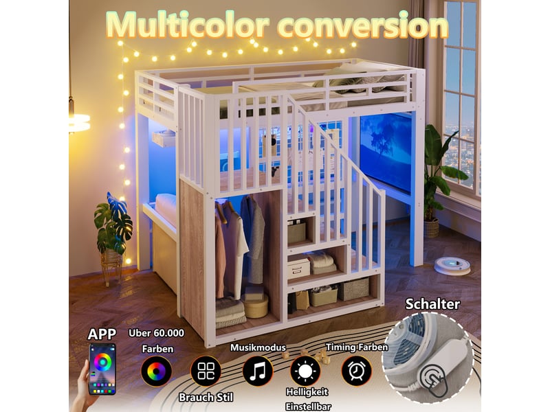  Lit mezzanine 90x200 cm en métal blanc avec escalier rangement, grille et led  - Conforama B