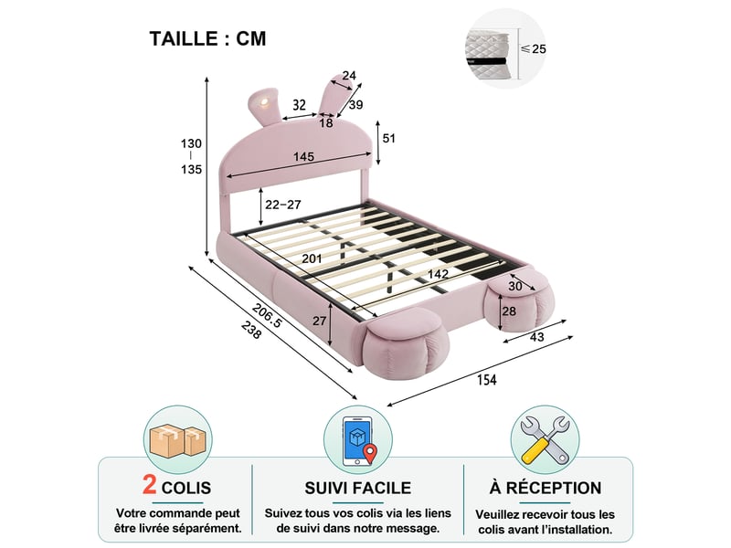  Lit coffre double 140×200 cm avec coffre, led réglable et deux poufs - okmyhome- en velours rose, sans matelas  - Conforama D